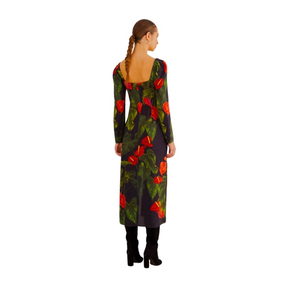 NWT 🏷️ Farm Rio Black Anthurium Slit Midi Dress🌺🦜 - Picture 2 of 6
